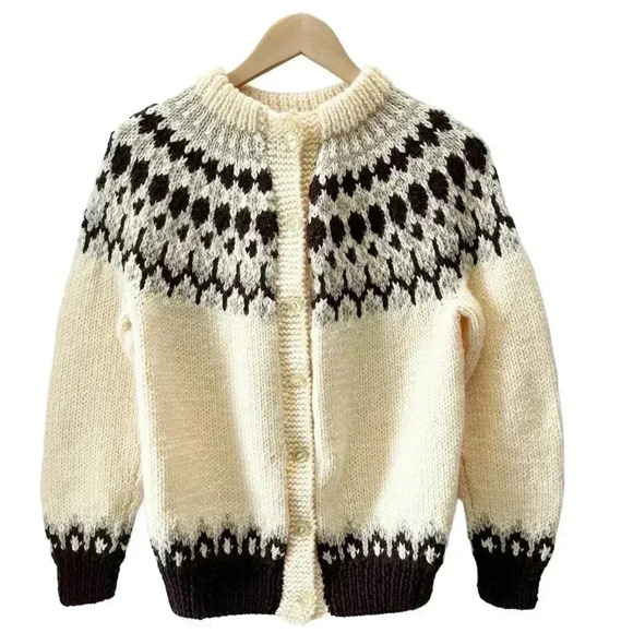 Hand Knit Cardigan Button Up Sweater Fair Isle Yellow and Brown  Size Small - Picture 2 of 13